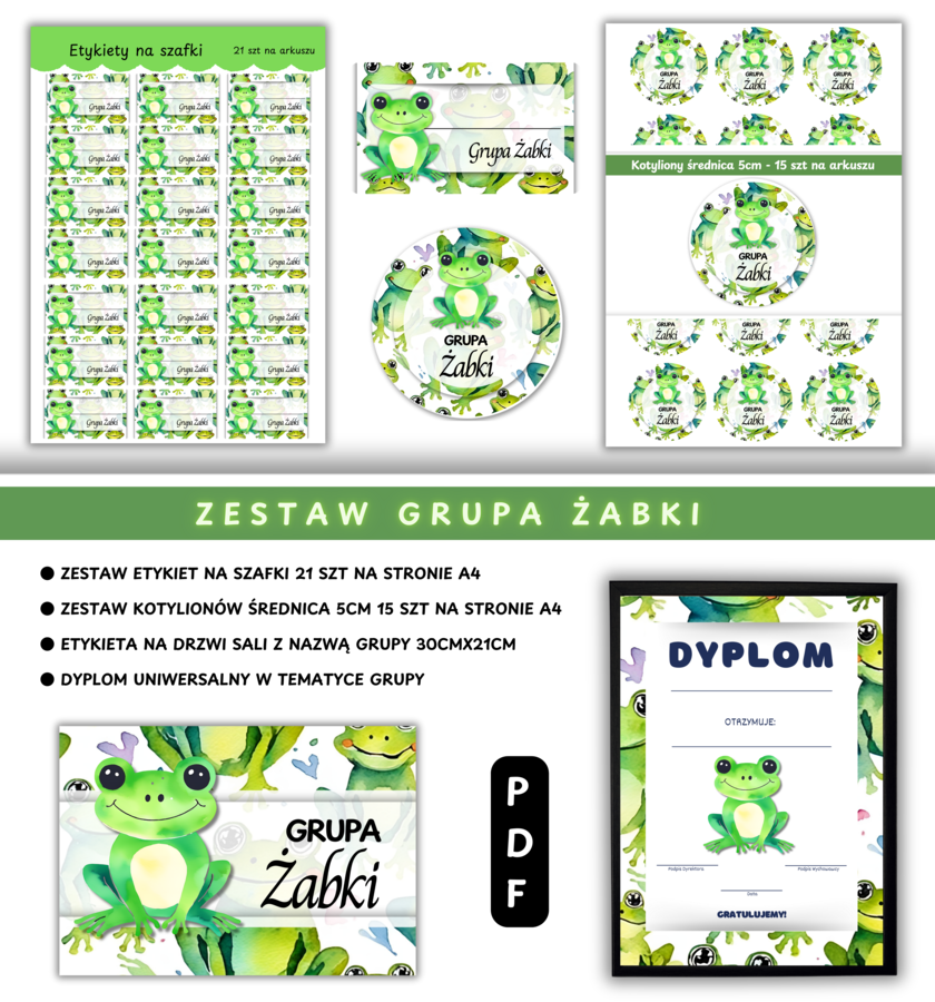 Zestaw Etykiety, Medaliony, Dyplom, Naklejka z nazwą grupy - Dla Grupy Żabki