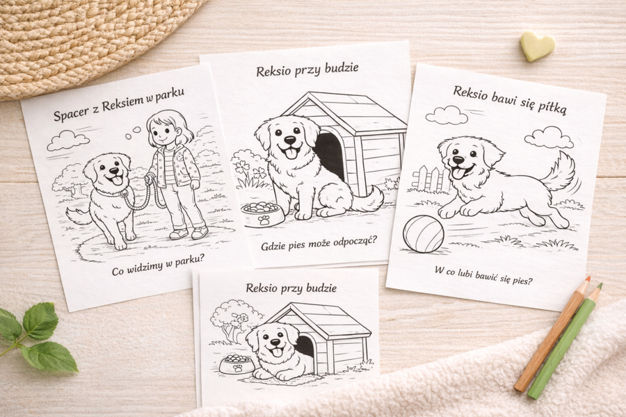 Kolorowanka: Reksio w domu i w ogrodzie