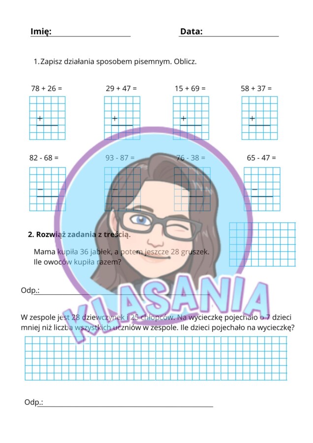 Kartkówka / Karta pracy – Dodawanie i odejmowanie pisemne Klasa 3