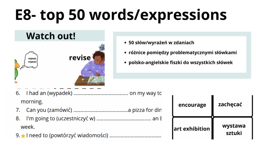 Egzamin ósmoklasisty angielski, top 50 słówek/wyrażeń, powtórka przed E8, fiszki ze słówkami