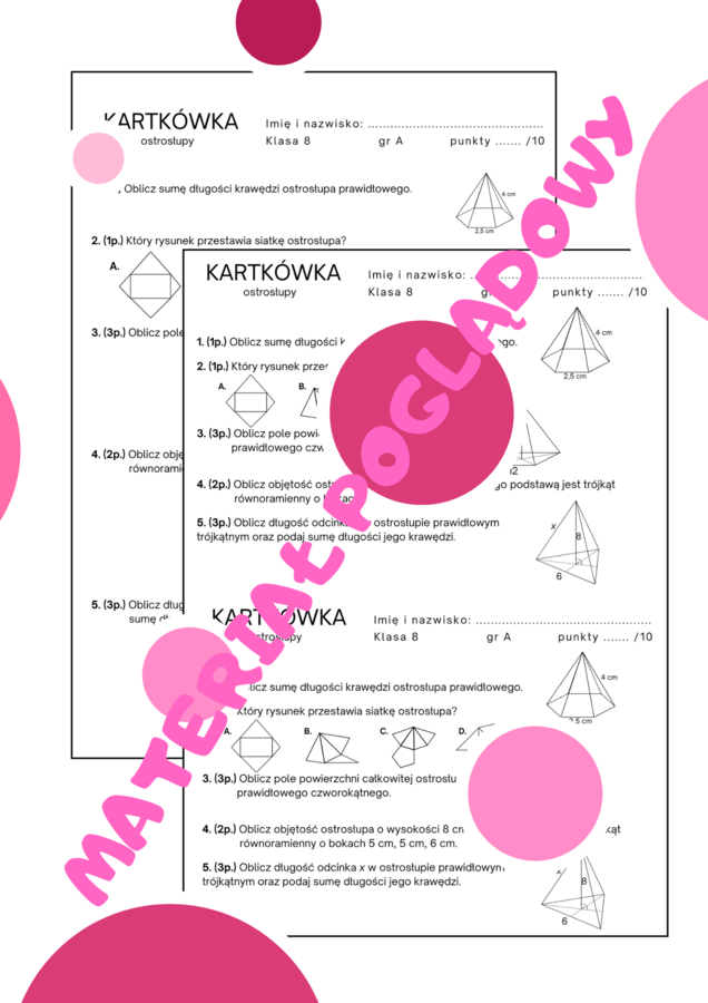 Kartkówka - ostrosłupy. Klasa 7. Klasa 8