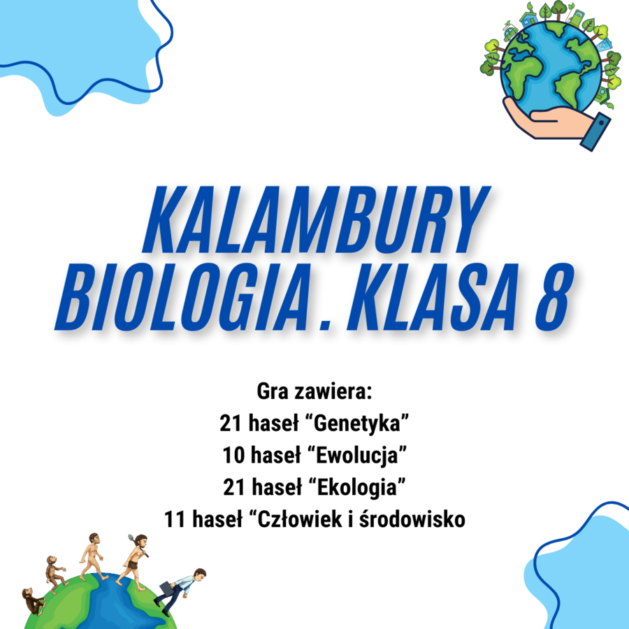 Biologia. Klasa 8. Kalambury. Gra edukacyjna. 63 hasła/pojęcia pochodzące z różnych działów.