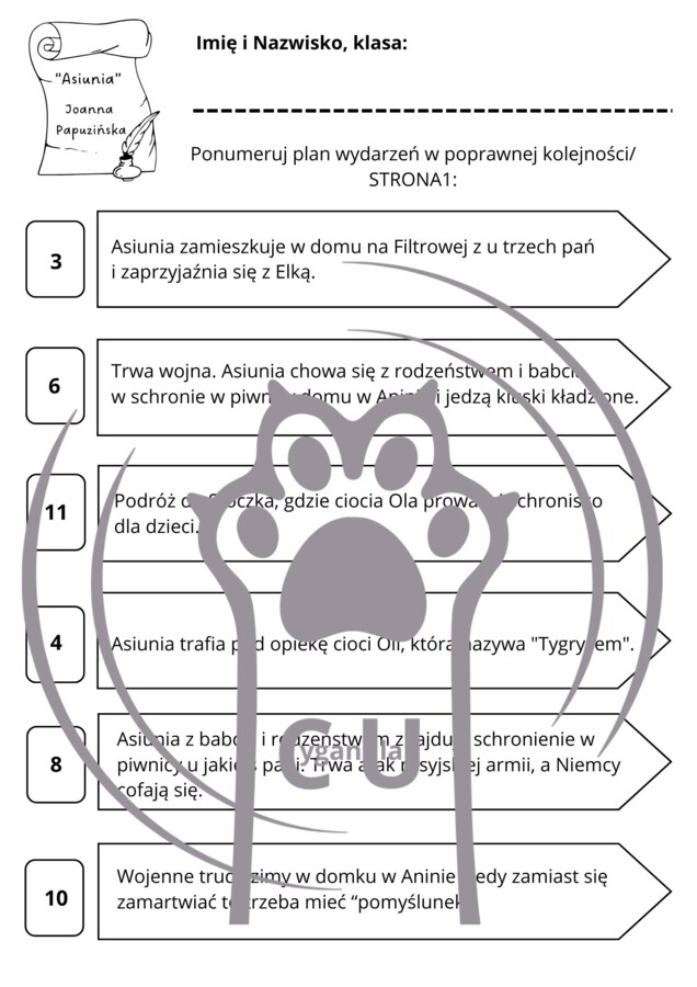 Karty Pracy z odpowiedziami do lektury „Asiunia” Joanny Papuzińskiej