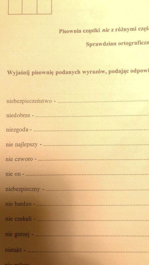 Pisownia cząstki "nie" z różnymi częściami mowy. Sprawdzian/karta pracy