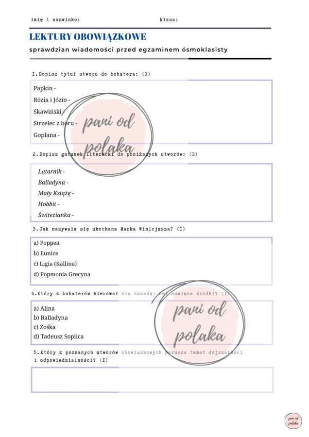 Sprawdzian z lektur-egzamin ósmoklasisty