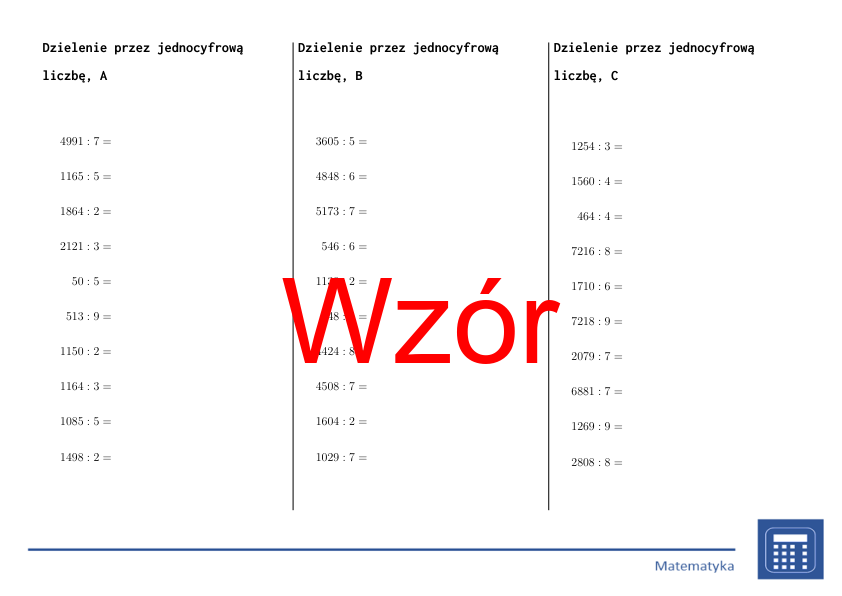 Dzielenie przez jednocyfrową liczbę | matematyka | 26 kolumn