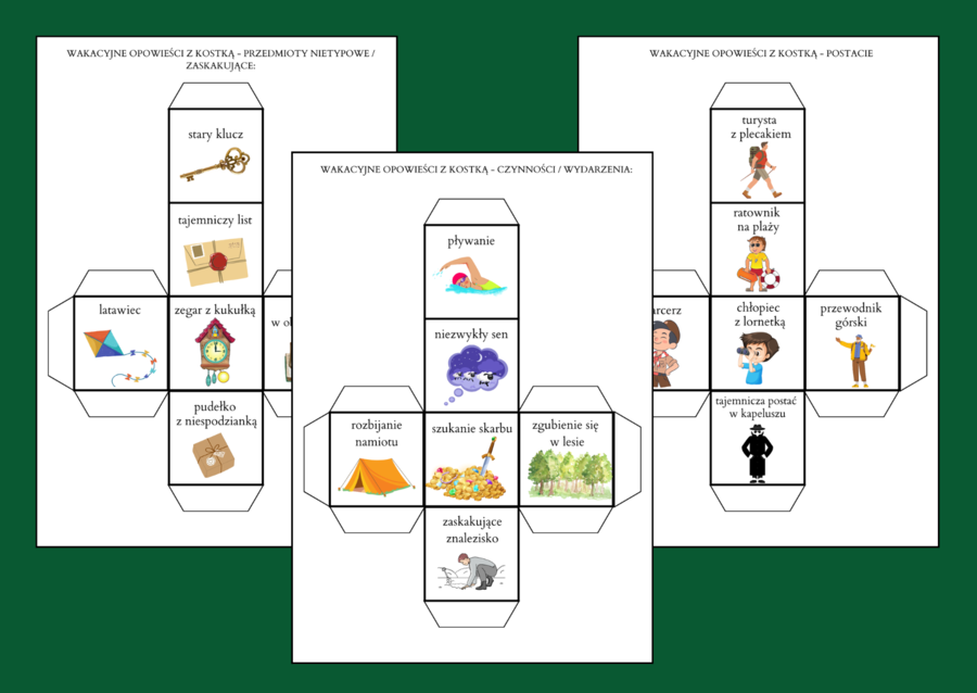 WAKACYJNE OPOWIEŚCI Z KOSTKĄ - ćwiczenia redakcyjne - 11 szt. - wakacje - lato - opowiadanie