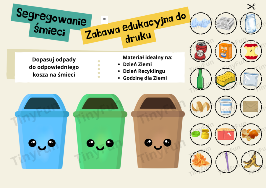 Segregacja śmieci – edukacyjna gra dla dzieci | 60 grafik do dopasowania