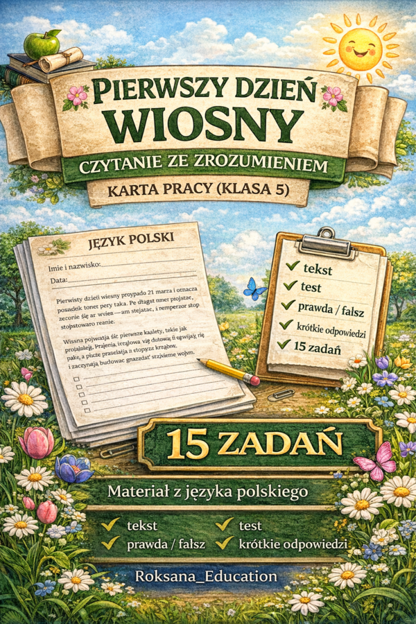 📚🌸 Pierwszy dzień wiosny – czytanie ze zrozumieniem (klasa 5) | karta pracy (15 zadań)
