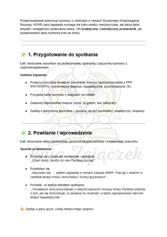 Karta rozmowy z rodzicami na pierwsze spotkanie logopedy WWR Wczesne Wspomaganie Rozwoju Logopeda