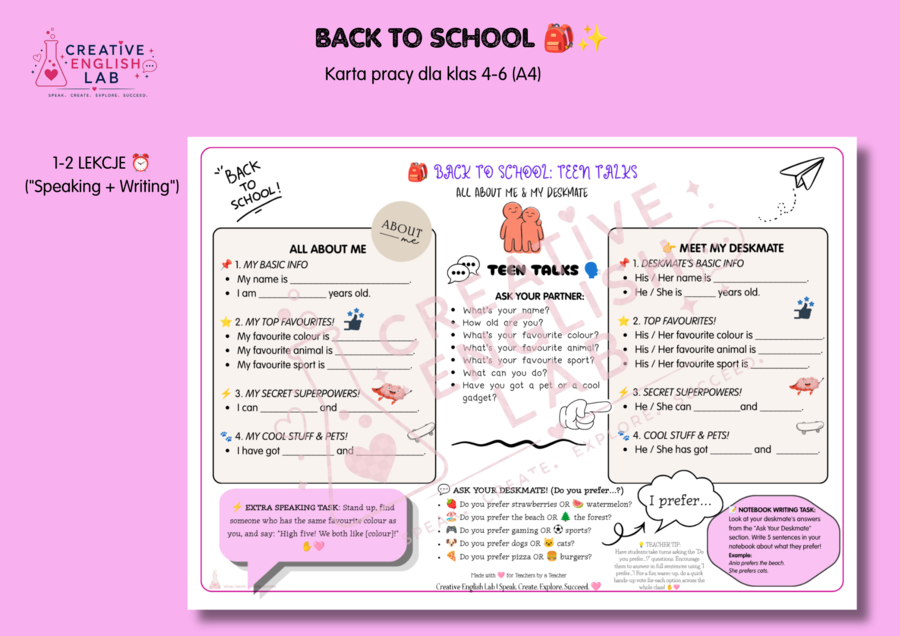 Back to School: Teen Talks | Klasy 4-6 | Speaking & Writing (PDF)