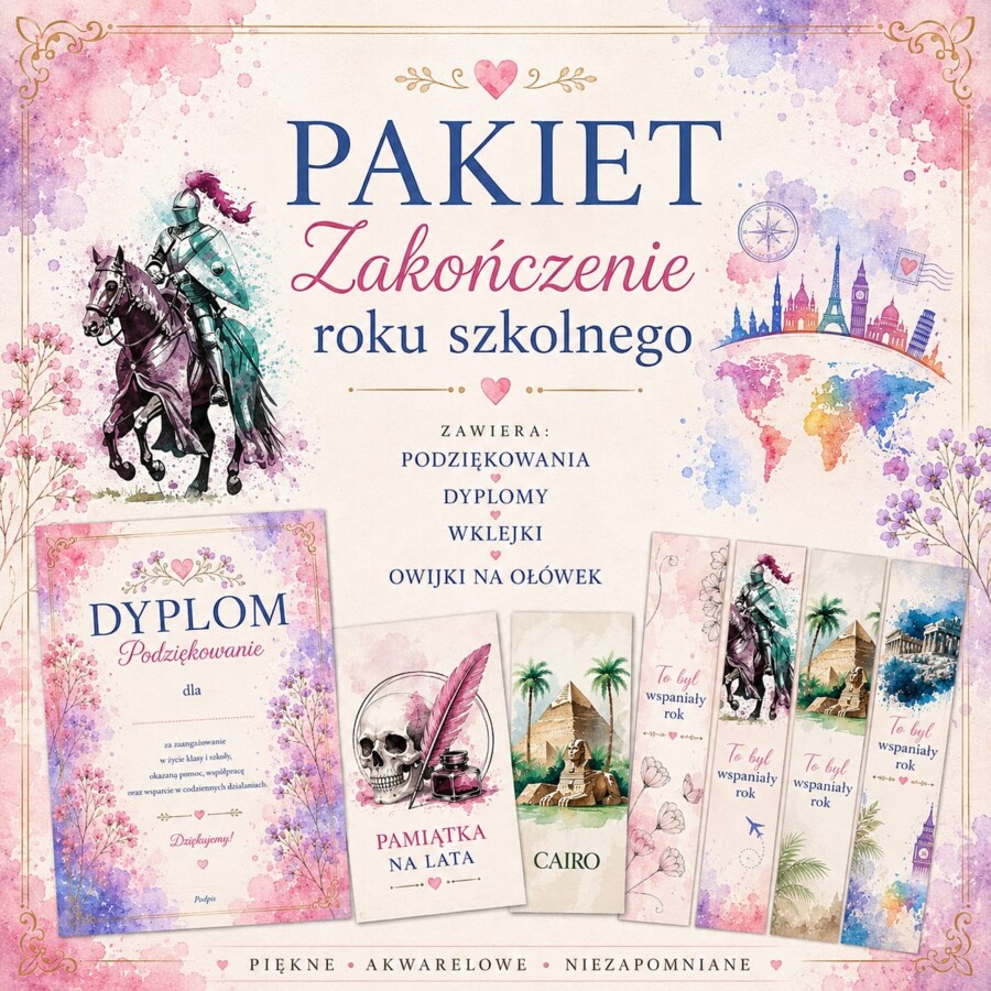 Paka/ Zestaw na zakończenie roku Wklejki do książek, dyplomy, podziękowania, owijki na ołówki, zakładki do książki