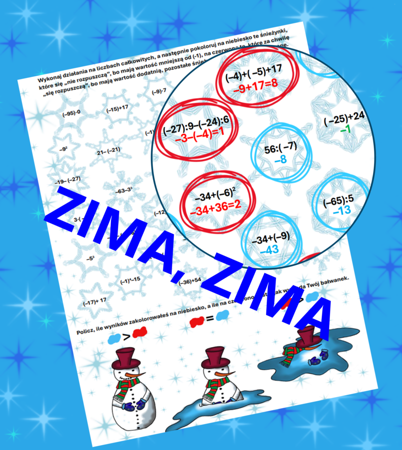 (klasa 5 klasa 6) Działania na liczbach całkowitych z bałwankiem.