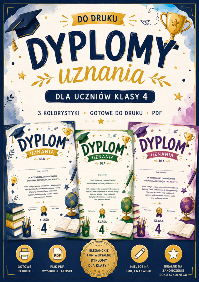 Dyplomy uznania dla uczniów klasy 4 – PDF do druku | 3 kolorystyki