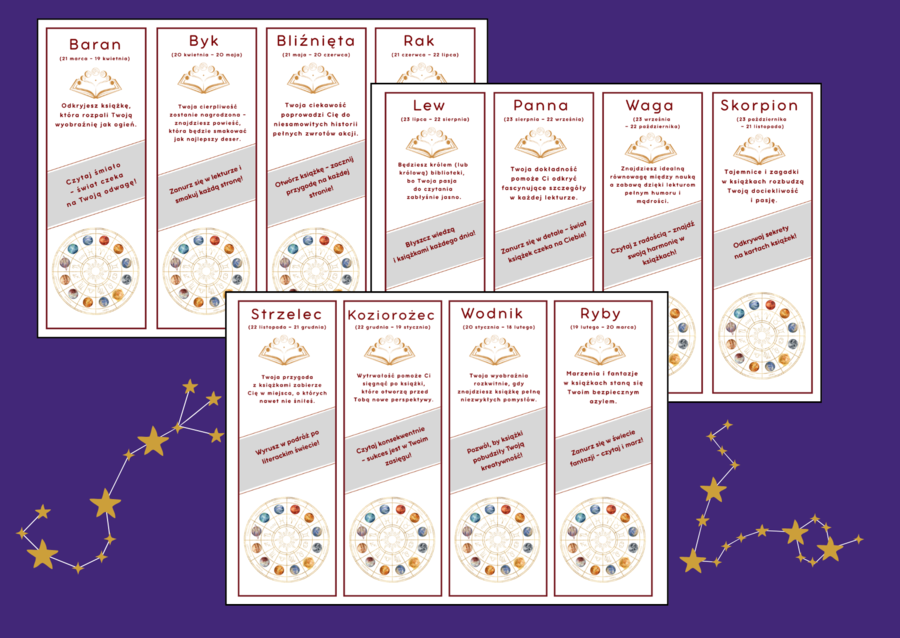 ⭐ Książkowy horoskop – motywacyjne zakładki dla uczniów ⭐- andrzejki – biblioteka – zajęcia z wychowawcą – świetlica – wersja 3