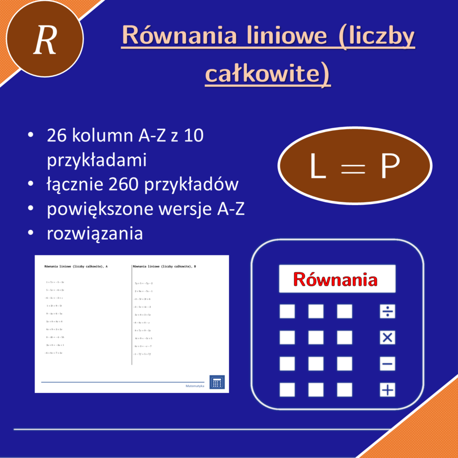 Równania liniowe (liczby całkowite) | matematyka, algebra | 26 kolumn