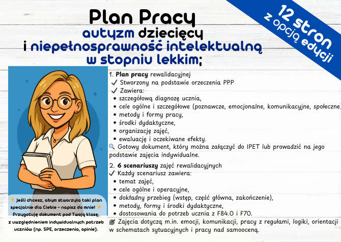 Plan Pracy autyzm dziecięcy i niepełnosprawność intelektualną w stopniu lekkim;