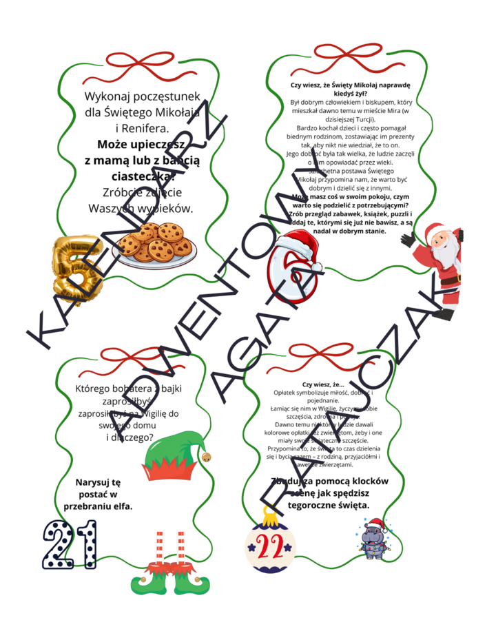 KREATYWNY KALENDARZ ADWENTOWY DLA DZIECKA, 5-10 lat, zadania, ciekawostki, zadanie domowe, czas dla całej rodziny, 24 karty