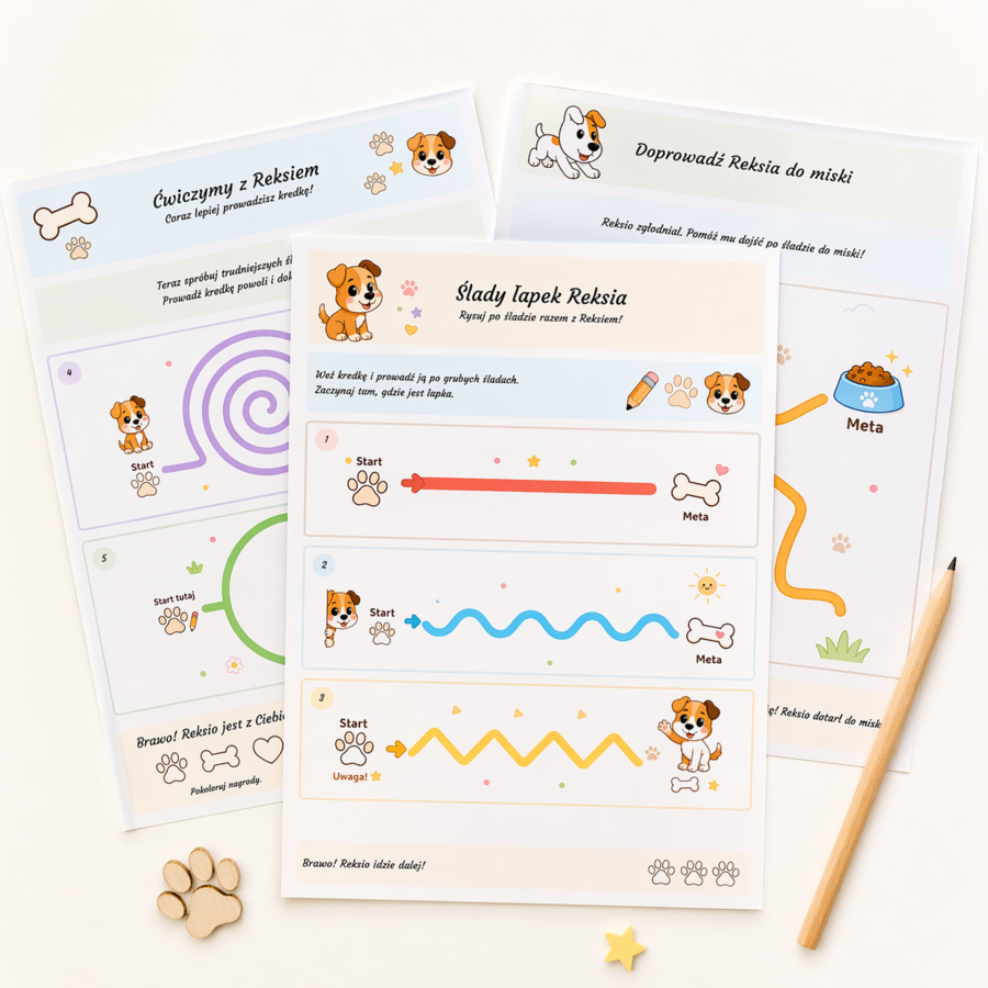 Ślady łapek Reksia – ćwiczenie grafomotoryczne