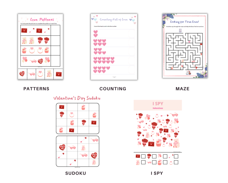 Valentine's Day for Preschoolers - Walentynki dla Przedszkolaka - karta pracy dla przedszkolaków i uczniów zerówki do rozwijania umijętności słownictwa i logicznego myślenia, Walentynki, słownictwo, sudoku, gra I Spy, labirynt, liczenie do 10, wzory, wha