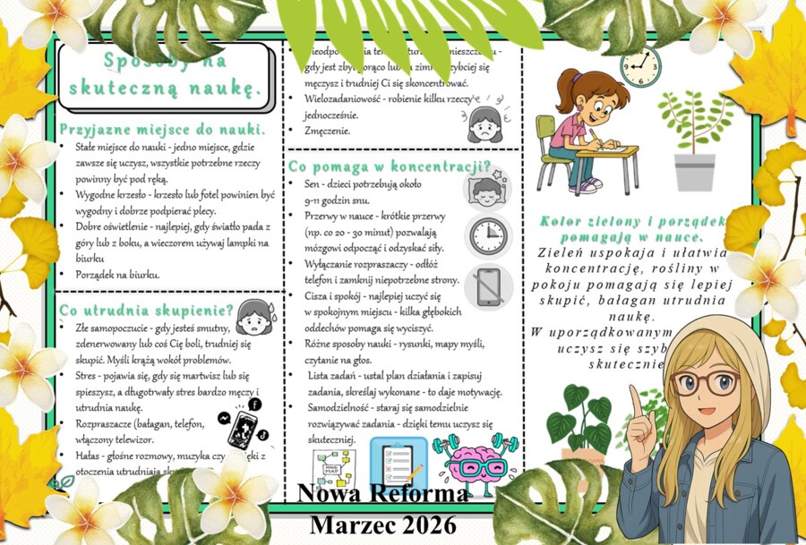 Sketchnotka/notatka - dla ucznia i przypomnienie dla nauczyciela w pdf. Temat "Sposób na skuteczną naukę". Przyroda 4. "Odkrywam przyrodę" zgodna z wydawnictwem Nowa Era. Dział "Spotkanie z przyrodą".