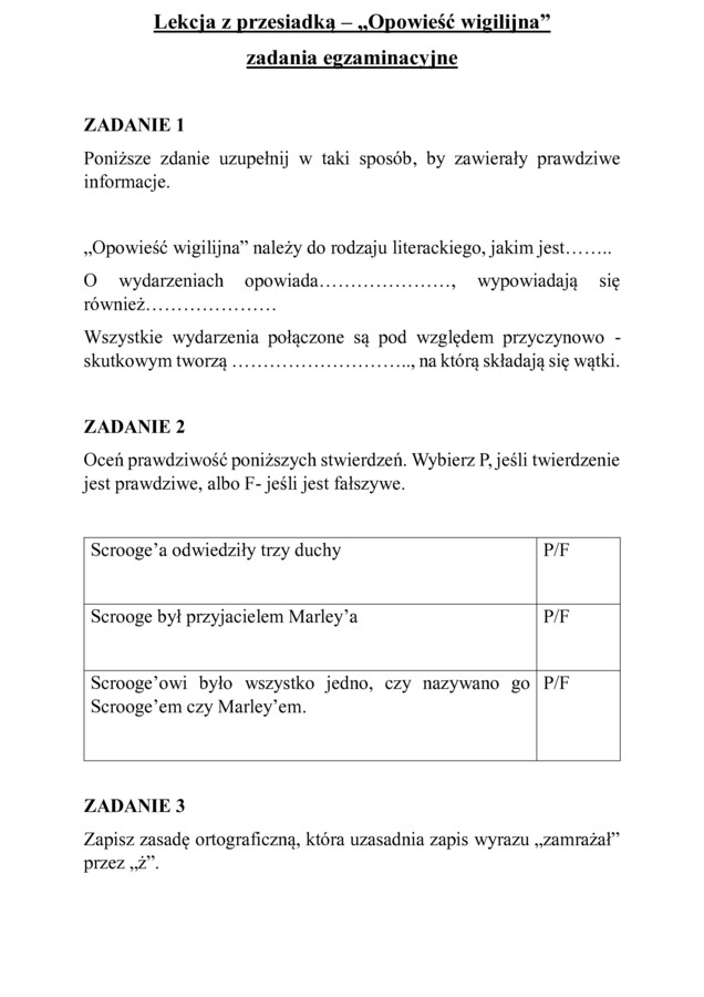„Opowieść wigilijna” – lekcja z przesiadką- pytania egzaminacyjne.
