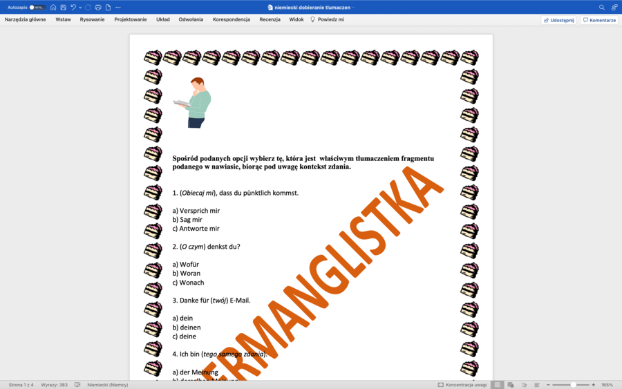 Dobieranie tłumaczeń fragmentów zdań - matura podstawowa z j, niemieckiego+KLUCZ