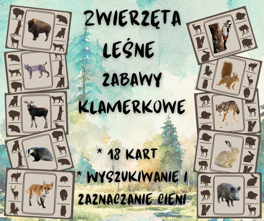 Zwierzęta leśne zabawy klamerkowe CIENIE