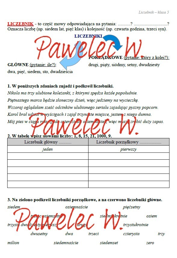 LICZEBNIK główny i porządkowy - karta pracy, sprawdzian, kartkówka - kl. 5