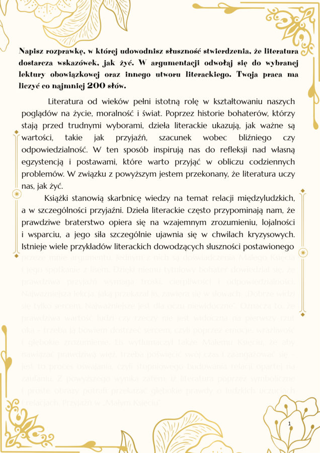 Gotowa wzorcowa rozprawka (egzamin ósmoklasisty) - udowodnij słuszność stwierdzenia, że literatura uczy nas, jak żyć.