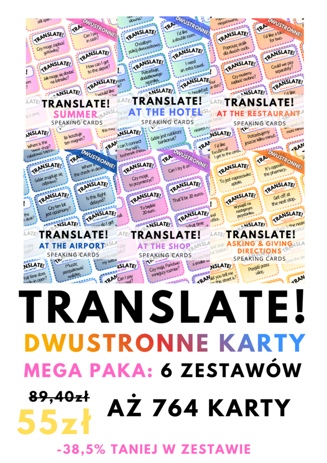 TRANSLATE! MEGA PAKA: aż 764 Speaking Cards – 6 zestawów – dwustronne karty do tłumaczenia - fiszki - At the Restaurant - At the Shop - At the Hotel - At the Airport - Giving & Asking Directions - Summer - Everyday English – wakacje – lato – A2 - B1 - B2