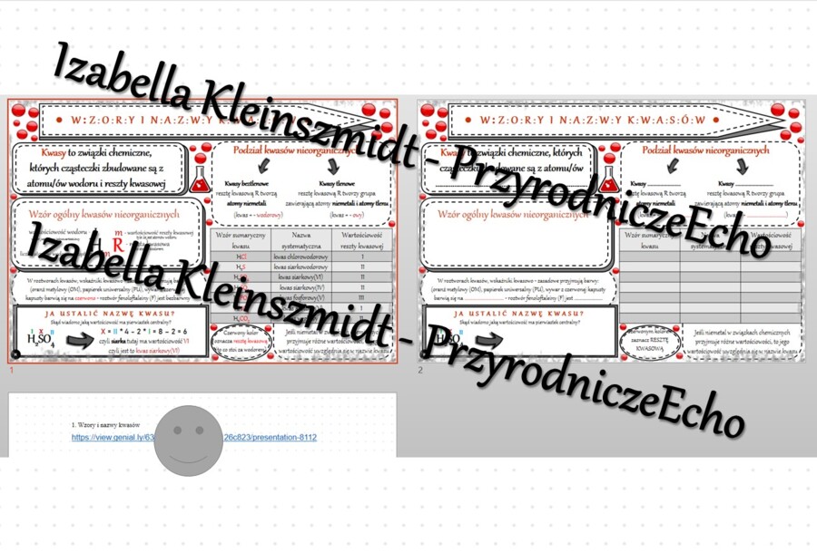 Minizestaw na temat „Wzory i nazwy kwasów” – sketchnotka + karta pracy w power point + gratisowy link do prezentacji multimedialnej niekomercyjnej wykonanej w genial.ly do indywidualnego pobrania i użycia do celów niekomercyjnych. Chemia 7 lub 8, „Kwasy”