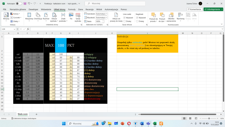 Kalkulator ocen - punktacja oceny - Oblicz w parę sekund punktacje testu/sprawdzianu/kartkówki - Punktacja z ocenami