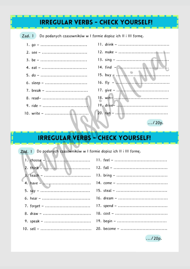 IRREGULAR VERBS - Check yourself! - czasowniki nieregularne - 2 i 3 forma - Past Simple i Past Participle - egzamin ósmoklasisty - matura - .pdf