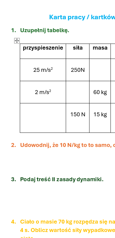 Karta pracy/kartkówka II zasada dynamiki.