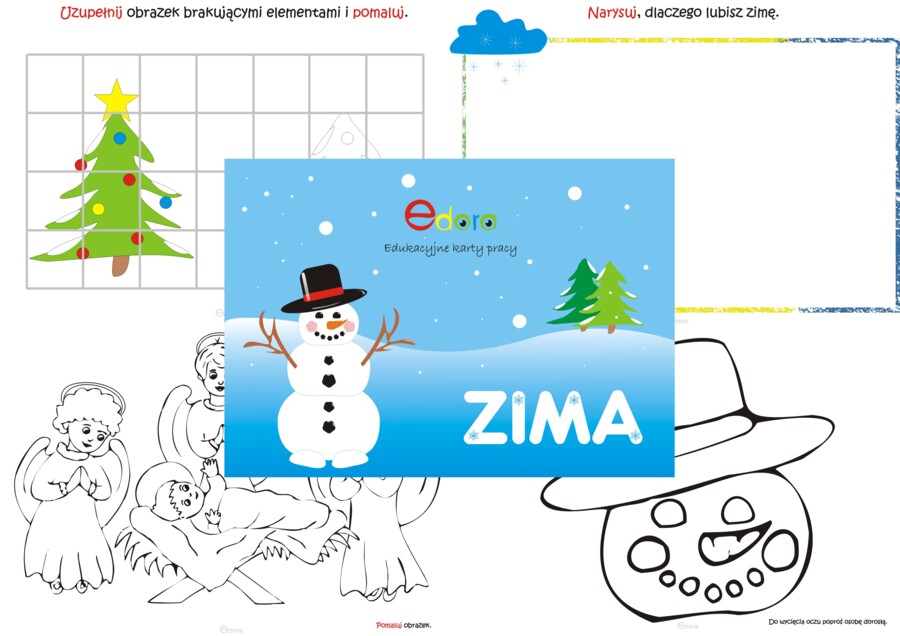 Przedszkole. Zima. Zimowe karty pracy. Napis. Dekoracje