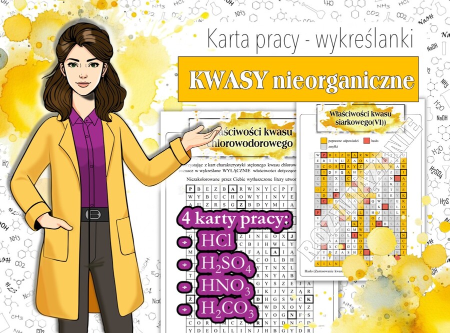 Klasa 8. Chemia. Kwasy. Wykreślanki.
