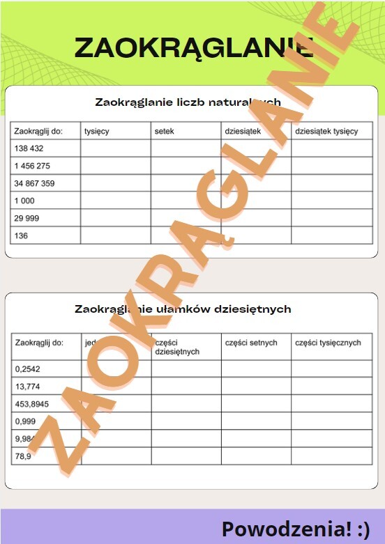 Zaokrąglanie liczb naturalnych i ułamków dziesiętnych - karta pracy/kartkówka