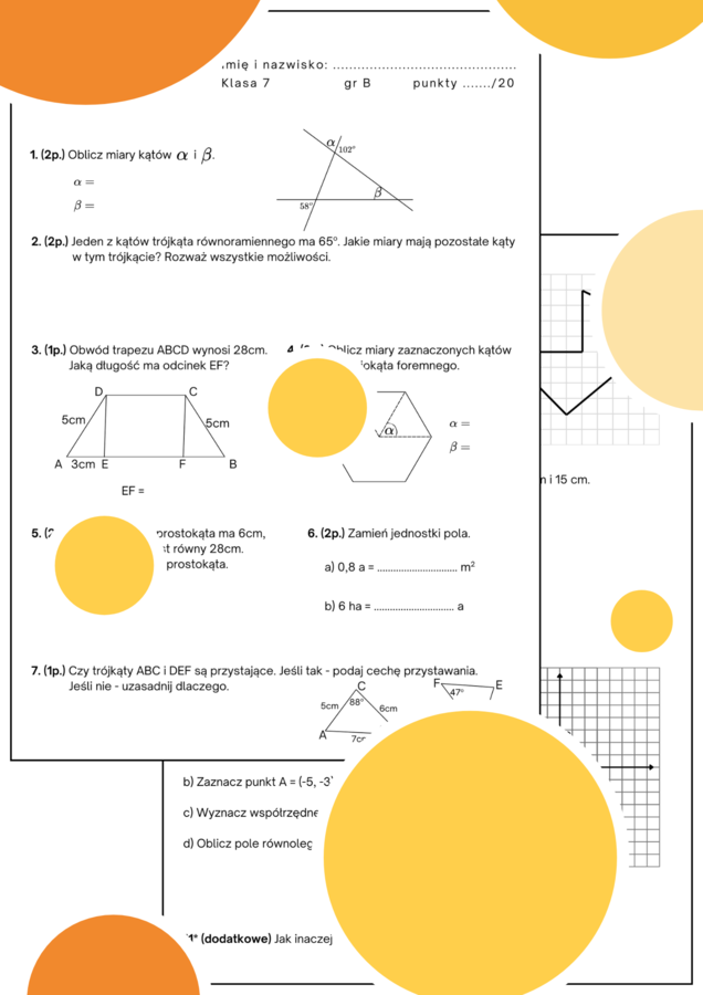 SPRAWDZIAN/ KARTA PRACY - Figury na płaszczyźnie. Geometria. Klasa 7 GWO