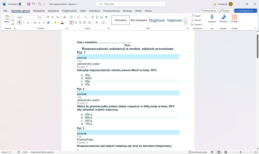 Test - rozpuszczalność substancji stężenia procentowe