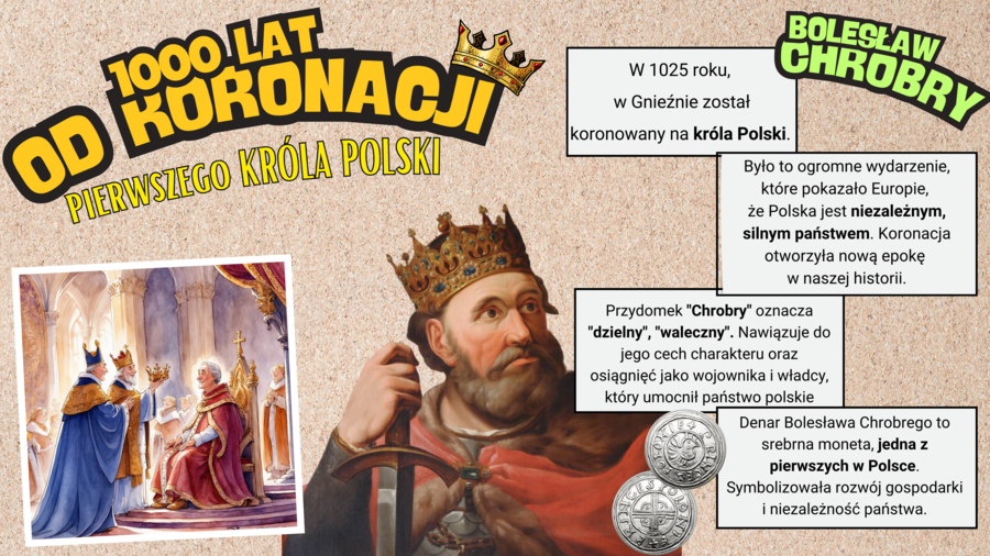 2025: 1000 lat od koronacji Bolesława Chrobrego – gazetka szkolna – ozdoba – patron roku. Możliwość własnej aranżacji.