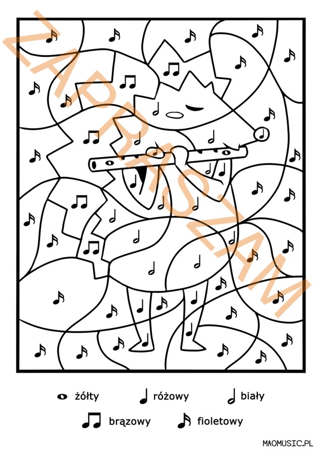 Jeżyk grający na fleciku kolorowanka wartości rytmiczne nut