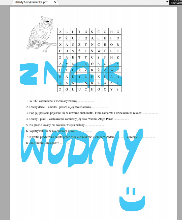 II część Dziadów - wykreślanka