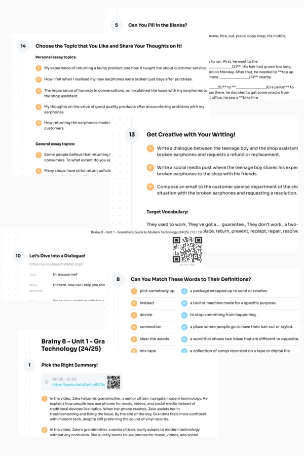 Brainy 8 - Unit 1 karta pracy - Grandma's Guide to Modern Technology (24/25) - electronics, at the shop, returning goods