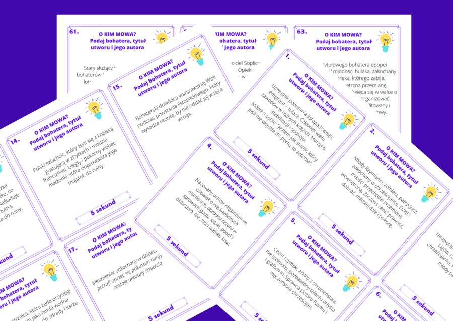 O KIM MOWA? - bohaterowie – LEKTURY OBOWIĄZKOWE – egzamin – kl. 7-8 – gra „5 sekund” + odpowiedzi