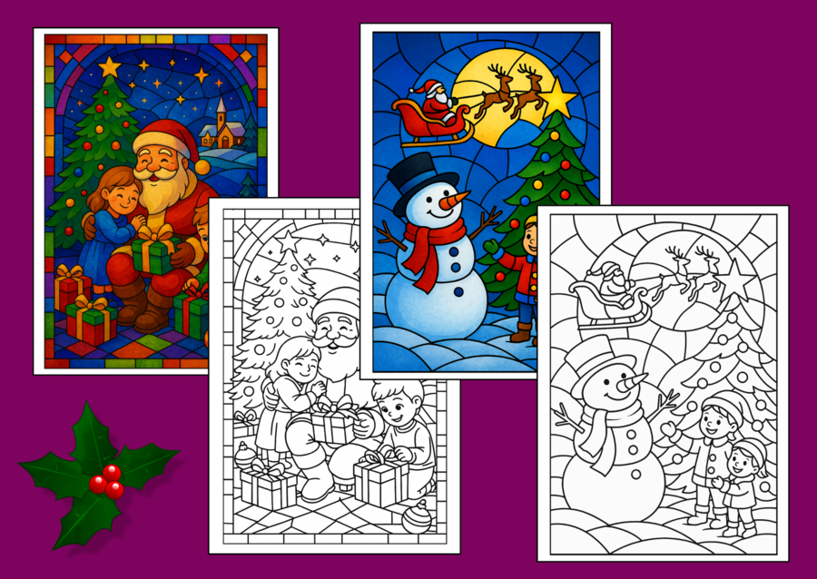 🎄✨🎅❄️Świąteczne WITRAŻE – Kolorowanki (34 szt.) - 🎀🌲Boże Narodzenie - zima - biblioteka - świetlica
