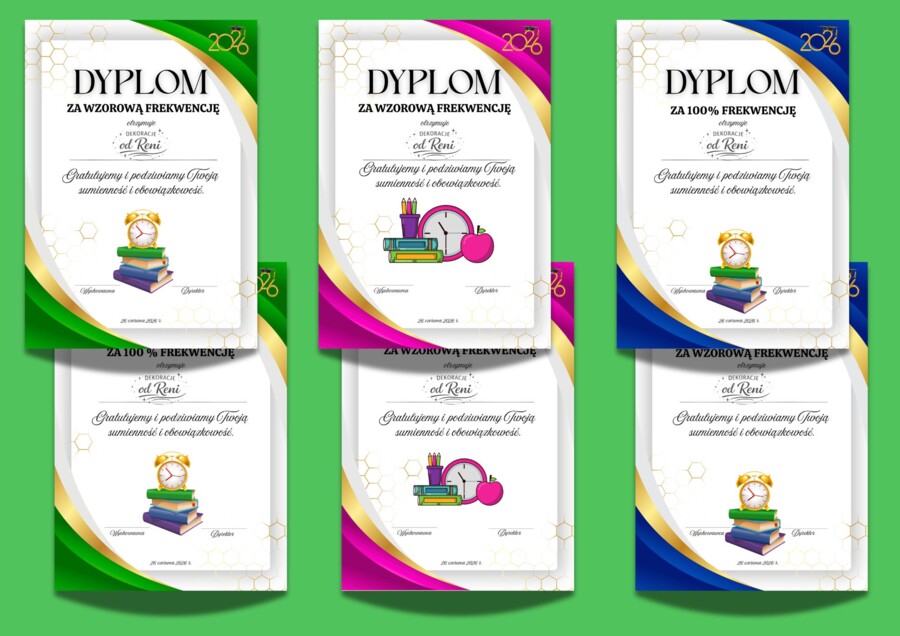 Dyplomy szkolne A4 – 100% frekwencji i wzorowa frekwencja | PDF do druku | 3 kolory