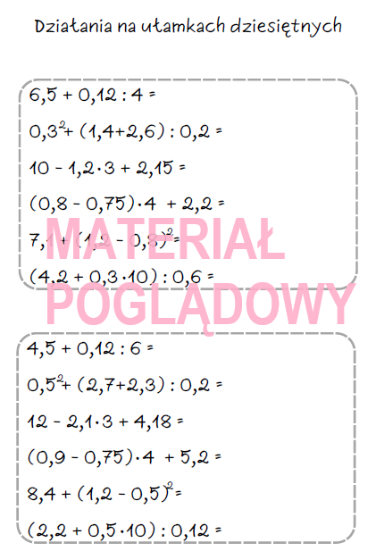 Szybkie karteczki - dodawanie, odejmowanie, mnożenie, dzielenie ułamków, działania na ułamkach (karta pracy, kartkówka kl 4, 5, 6, 7, 8)
