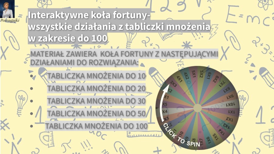 Interaktywne koła fortuny - cała tabliczka mnożenia do 100, w podziale na tabliczkę mnożenia do 10,20,30,50 oraz 100