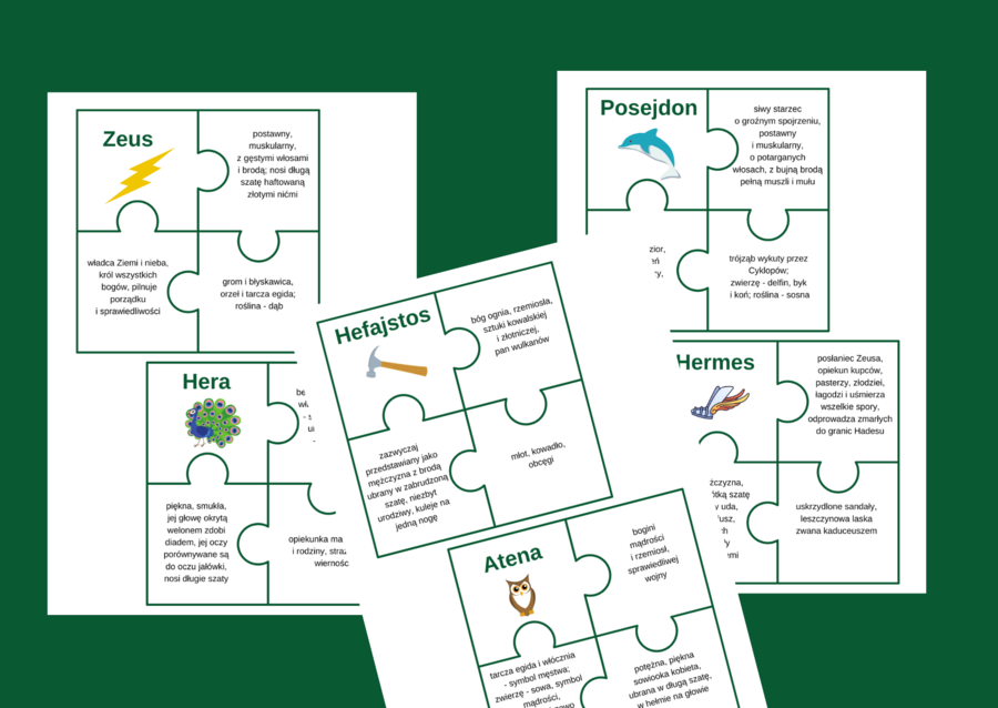 BOGOWIE GRECCY - puzzle - mity - mitologia - powtórka - egzamin